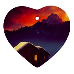 Cabin Mountains Snow Sun Winter Dusk Heart Ornament (two Sides)