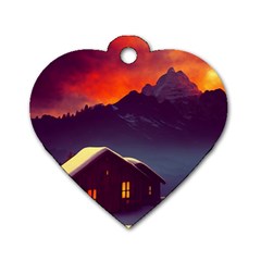 Cabin Mountains Snow Sun Winter Dusk Dog Tag Heart (one Side) by Pakemis