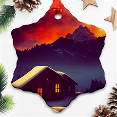 Cabin Mountains Snow Sun Winter Dusk Snowflake Ornament (two Sides) by Pakemis