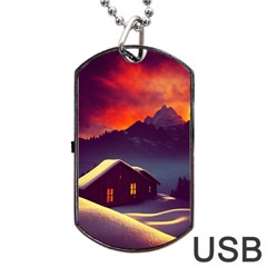 Cabin Mountains Snow Sun Winter Dusk Dog Tag Usb Flash (two Sides) by Pakemis