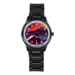 Cabin Mountains Snow Sun Winter Dusk Stainless Steel Round Watch by Pakemis