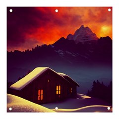 Cabin Mountains Snow Sun Winter Dusk Banner And Sign 3  X 3  by Pakemis