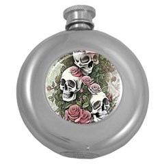 Skulls Roses Wallpaper Garden Artwork Round Hip Flask (5 Oz) by Pakemis