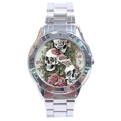 Skulls Roses Wallpaper Garden Artwork Stainless Steel Analogue Watch