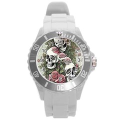 Skulls Roses Wallpaper Garden Artwork Round Plastic Sport Watch (l) by Pakemis