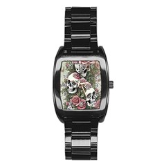 Skulls Roses Wallpaper Garden Artwork Stainless Steel Barrel Watch by Pakemis