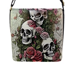 Skulls Roses Wallpaper Garden Artwork Flap Closure Messenger Bag (l) by Pakemis