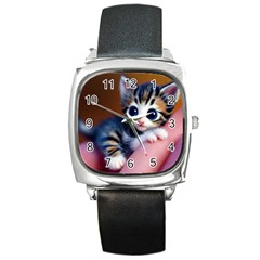 Cute Kitten Kitten Animal Wildlife 3d Square Metal Watch