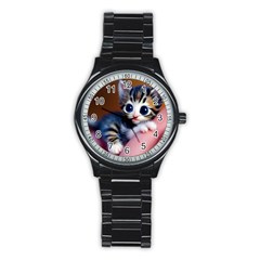 Cute Kitten Kitten Animal Wildlife 3d Stainless Steel Round Watch by Pakemis