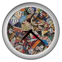 Background Embroidery Pattern Stitches Abstract Wall Clock (Silver)