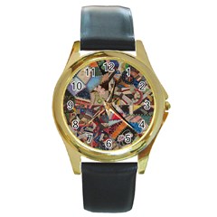 Background Embroidery Pattern Stitches Abstract Round Gold Metal Watch