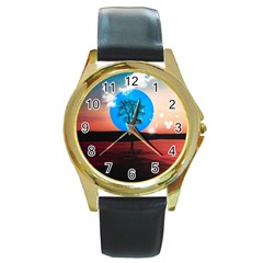 Surreal Fantasy Abstract Art Creativity Horizon Round Gold Metal Watch by Pakemis