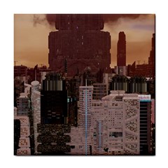 Skyline Skyscrapers Futuristic Sci-fi Panorama Tile Coaster by Pakemis