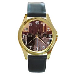 Skyline Skyscrapers Futuristic Sci-fi Panorama Round Gold Metal Watch by Pakemis