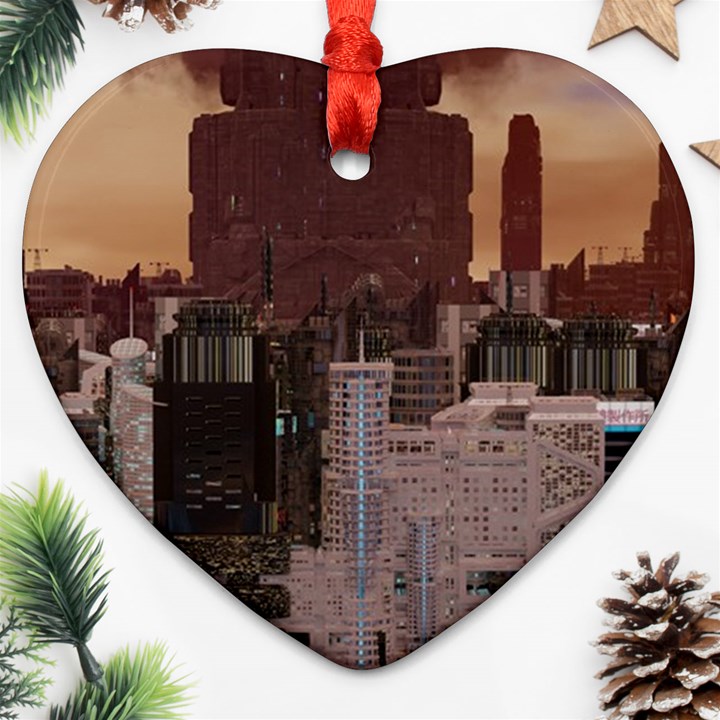 Skyline Skyscrapers Futuristic Sci-fi Panorama Heart Ornament (Two Sides)