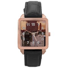 Skyline Skyscrapers Futuristic Sci-fi Panorama Rose Gold Leather Watch  by Pakemis