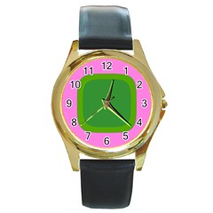 Pink And Green 1105 - Groovy Retro Style Art Round Gold Metal Watch by KorokStudios