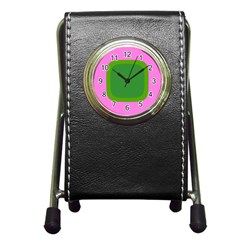 Pink And Green 1105 - Groovy Retro Style Art Pen Holder Desk Clock by KorokStudios