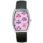 Seamless Cute Colourfull Owl Kids Pattern Barrel Style Metal Watch Front