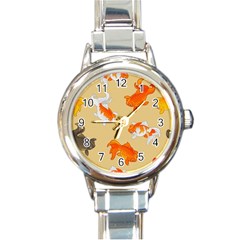 Gold Fish Seamless Pattern Background Round Italian Charm Watch by Pakemis