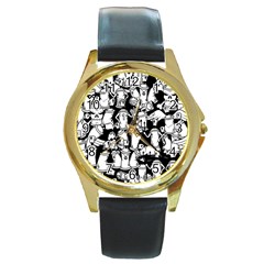 Graffiti Spray Can Characters Seamless Pattern Round Gold Metal Watch by Pakemis