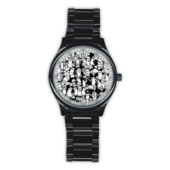 Graffiti Spray Can Characters Seamless Pattern Stainless Steel Round Watch by Pakemis