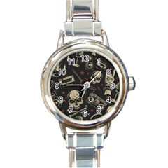 Grunge Seamless Pattern With Skulls Round Italian Charm Watch by Pakemis