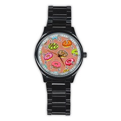 Doughnut Doodle Colorful Seamless Pattern Stainless Steel Round Watch by Pakemis