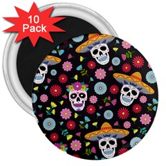 Day Dead Skull With Floral Ornament Flower Seamless Pattern 3  Magnets (10 Pack)  by Pakemis