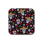 Day Dead Skull With Floral Ornament Flower Seamless Pattern Rubber Coaster (Square) Front