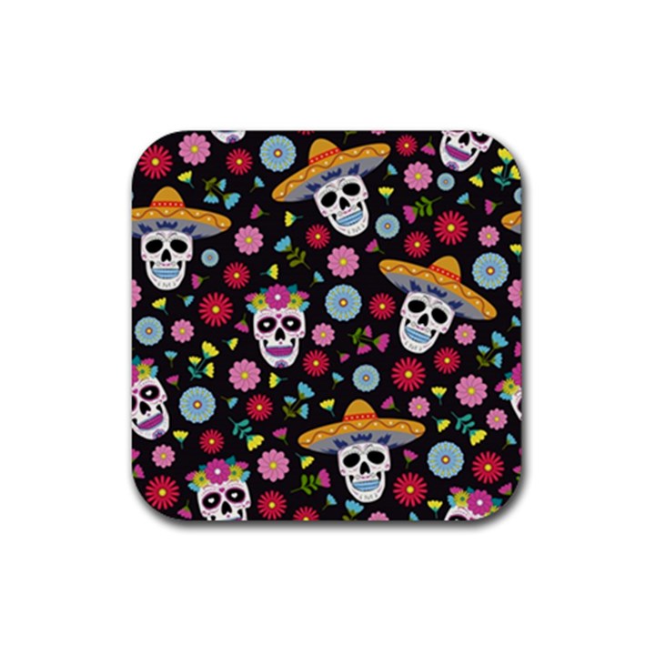 Day Dead Skull With Floral Ornament Flower Seamless Pattern Rubber Coaster (Square)