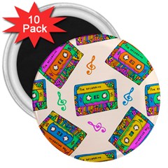 Seamless Pattern With Colorfu Cassettes Hippie Style Doodle Musical Texture Wrapping Fabric Vector 3  Magnets (10 pack) 