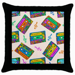 Seamless Pattern With Colorfu Cassettes Hippie Style Doodle Musical Texture Wrapping Fabric Vector Throw Pillow Case (Black)