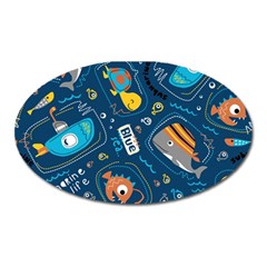 Seamless Pattern Vector Submarine With Sea Animals Cartoon Oval Magnet by Pakemis