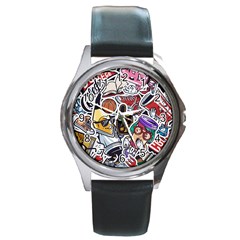 Vintage College Colorful Seamless Pattern Round Metal Watch