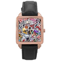 Vintage College Colorful Seamless Pattern Rose Gold Leather Watch  by Pakemis