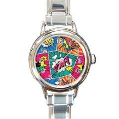 Comic Colorful Seamless Pattern Round Italian Charm Watch by Pakemis