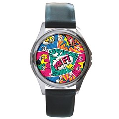 Comic Colorful Seamless Pattern Round Metal Watch by Pakemis