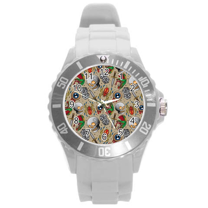 Tattoo Pattern Round Plastic Sport Watch (L)