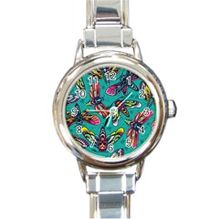 Vintage Colorful Insects Seamless Pattern Round Italian Charm Watch by Pakemis