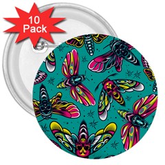 Vintage Colorful Insects Seamless Pattern 3  Buttons (10 Pack)  by Pakemis