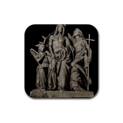 Catholic Motif Sculpture Over Black Rubber Coaster (square)