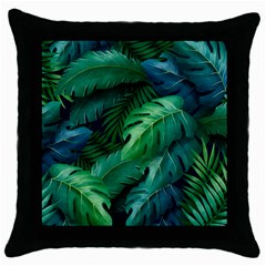 Tropical Green Leaves Background Throw Pillow Case (black) by Pakemis