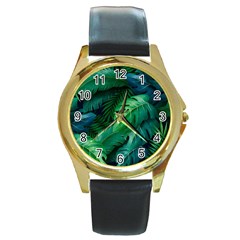 Tropical Green Leaves Background Round Gold Metal Watch by Pakemis