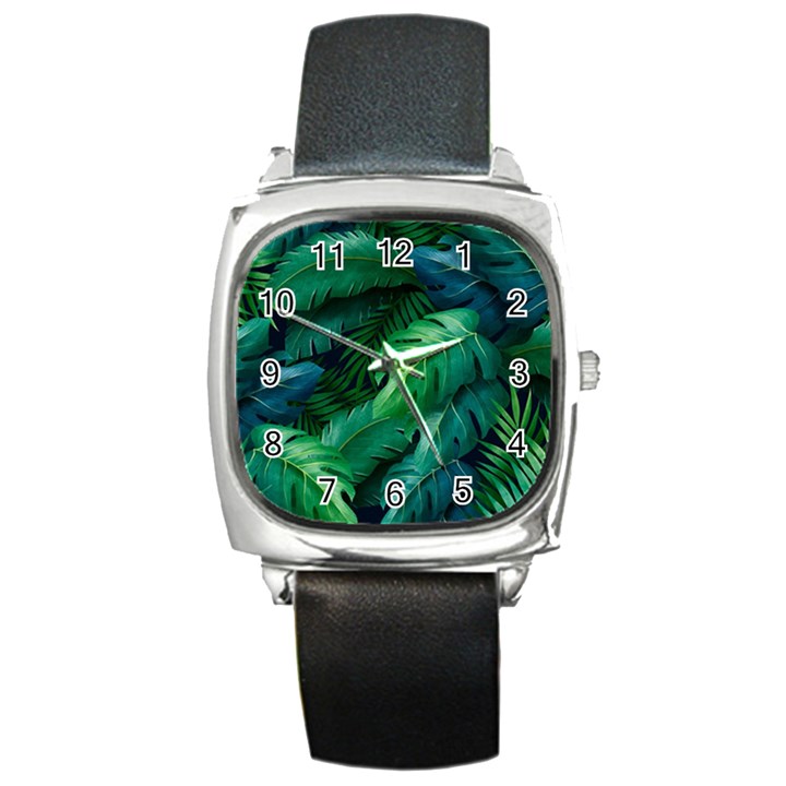 Tropical Green Leaves Background Square Metal Watch