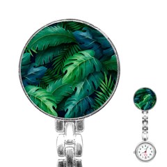 Tropical Green Leaves Background Stainless Steel Nurses Watch by Pakemis