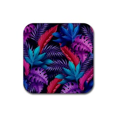 Background With Violet Blue Tropical Leaves Rubber Coaster (square) by Pakemis