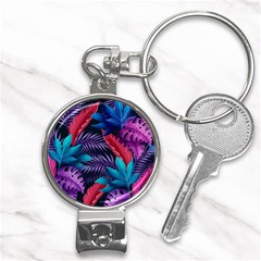 Background With Violet Blue Tropical Leaves Nail Clippers Key Chain