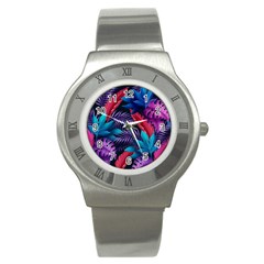 Background With Violet Blue Tropical Leaves Stainless Steel Watch by Pakemis