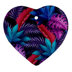 Background With Violet Blue Tropical Leaves Heart Ornament (two Sides)